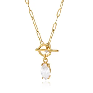 18k gold plated stainless steel paperclip necklace with marquise zircon pendant