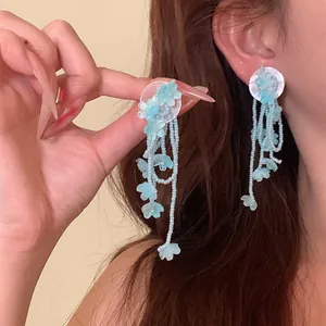 Handmade Resin Flower Tassel Drop Earrings For Women Sweet Floral Artificial Pearl Beaded Vacation Style Ear Jewelry