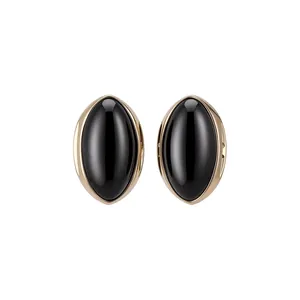 Elegant French vintage black oval resin stud earrings with gold tone setting for women