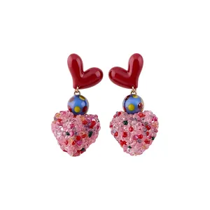 Sweet red heart resin stud earrings with pink crystal heart pendants for stylish women