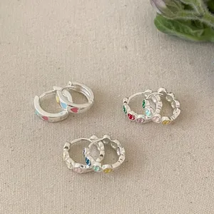 Sweet summer silver hoop earrings with colorful heart and smiley face enamel charms