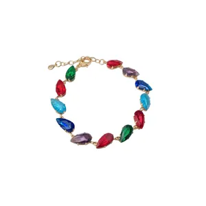 Elegant gold-tone bracelet featuring vibrant multi-colored teardrop-shaped crystals.