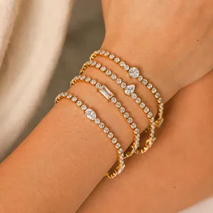Bracelet de Tennis de Luxe en Acier Inoxydable Plaqué Or Avec Strass pour Femme Style Européen Minimaliste Bijoux à Main