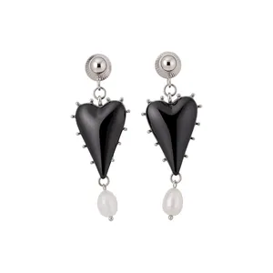 Elegant black heart resin earrings with white pearl drops and polished silver finish
