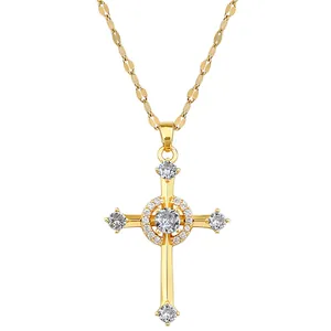 Elegant gold titanium steel cross necklace with brilliant white zircon gemstones