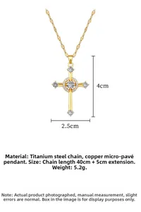 Detail of titanium steel cross pendant necklace with white zircon and size annotations