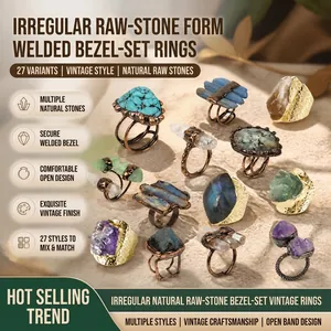 Vintage Natural Raw Gemstone Adjustable Open Ring Irregular Amethyst Turquoise Labradorite Lapis Lazuli Alloy Band Jewelry