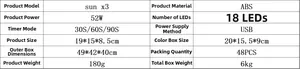 Technical specifications table for 52W mini LED nail lamp with 18 UV light beads
