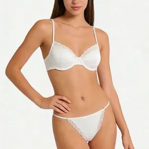 Sexy white lace satin lingerie set with underwire bra and matching strappy panties