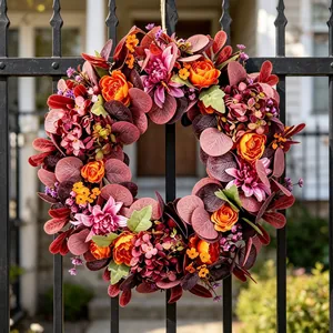 Autumn Harvest Artificial Floral Wreath With Orange Peonies Purple Hydrangeas Cloth Decor For Front Door Wall