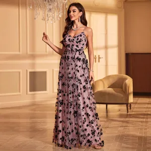 Slim fit floral flocking mesh maxi dress with backless high slit and spaghetti straps
