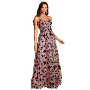 Slim fit floral mesh maxi dress with V-neck and open back for formal evening parties