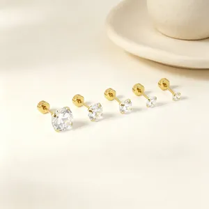 Boucles D'oreilles Puces En Acier Inoxydable Zircon Quatre Griffes Rond Zirconium Hypoallergénique Fermoir À Vis Pour Femmes