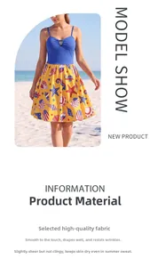 Detail of blue camisole top with gold buckle and starfish shell print on yellow floral skirt
