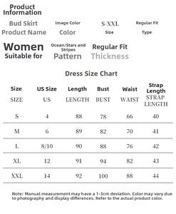 Size chart for floral mini dress with US sizing, bust, waist, and length measurements