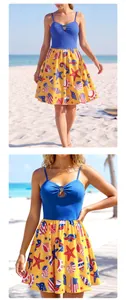 Detail of metal buckle cutout and marine starfish print on a summer sundress