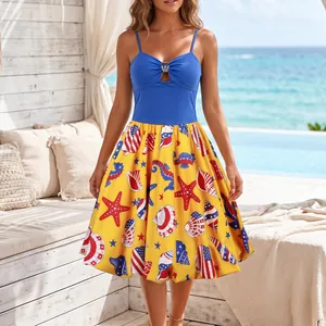 Women Splicing Camisole Dress Hollow Out Metal Ring V-Neck Sexy Starfish Shell Print Patriotic Independence Day Midi Dress
