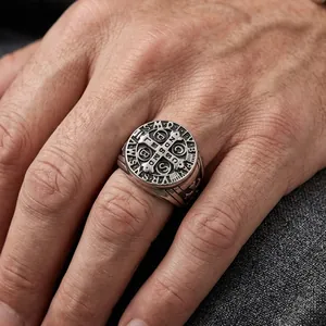 Vintage stainless steel St. Benedict cross ring for men with engraved details
