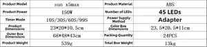 Technical specifications table for the SUN X5 Max 150W nail lamp with 45 LED beads and timer