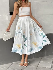 Detailed view of the button-down front and soft floral print on this midi skirt