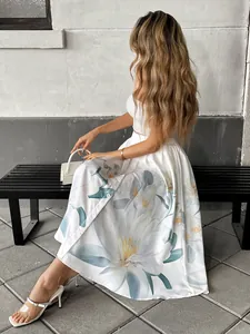 Floral print midi skirt with front buttons styled for casual summer street fashion