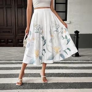 Women Floral Print A-Line Midi Skirt High Waist Button Decor Polyester Casual Vacation Sweet Summer Beige Skirt