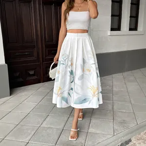 Women summer floral maxi skirt with white crop top and elegant high waist button design