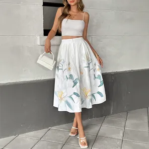 Floral A-line skirt set with white crop top and button-up high waist midi skirt