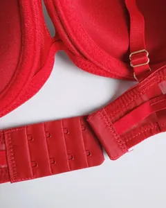 Detailed macro view of the four-row hook-and-eye closure and red seamless fabric