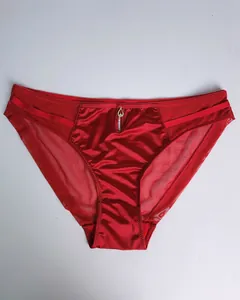 Detail of red satin panties with mesh panels and a teardrop pendant on the front