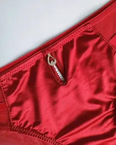 Detail of red satin lingerie with mesh stitching and a teardrop crystal pendant
