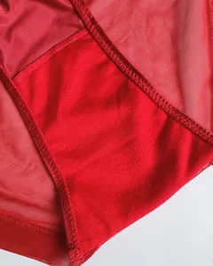 Detailed macro view of red mesh fabric and premium stitching on seamless push-up lingerie