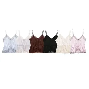 Women's V-neck satin camisole with lace trim and drawstring waist in multiple colors