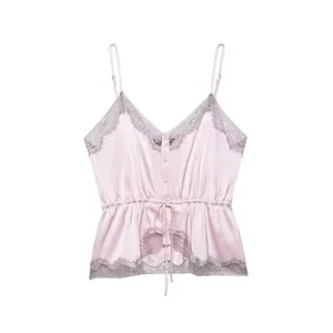 Pale pink satin camisole with grey lace trim, V-neck design, and adjustable drawstring waist