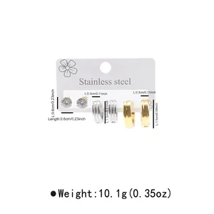 Detailed view of three pairs of stainless steel earrings with size measurements on white card