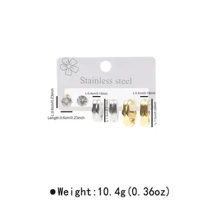 Detail view of a 3-pair stainless steel earring set with studs and hoops and dimensions.