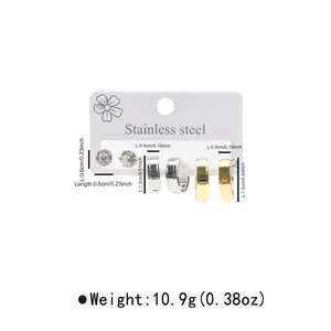 Detailed view of stainless steel earring set dimensions and weights for three pair pack