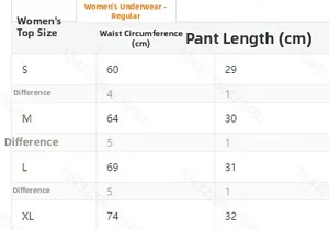 Detailed size chart for high waisted bikini bottoms with waist and length measurements