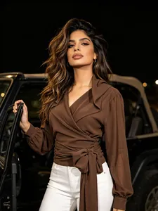 Women Wasteland Style Hooded Wrap Shirt Long Sleeve Tie Waist Chiffon Sheer Coffee V-Neck Casual Minimalist Top