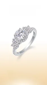 Close-up of 1 carat round moissanite ring in 925 sterling silver with halo setting