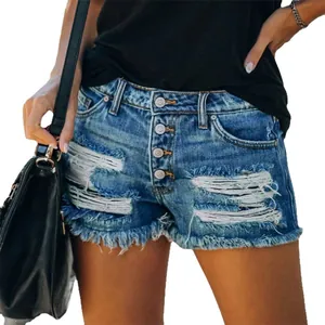Short en jean bleu foncé avec détails déchirés et ourlet effiloché pour femmes