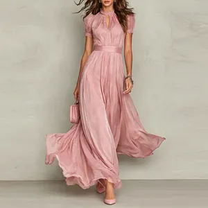 Elegant light pink chiffon maxi dress with lace collar and high waist flared silhouette