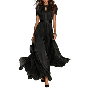 Elegant black pleated maxi dress with V-neck hollow design and delicate lace trim