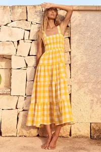 Summer yellow gingham tiered maxi dress with smocked bodice and wide straps