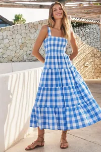 Blue and white gingham tiered maxi dress with smocked bodice and square neck design