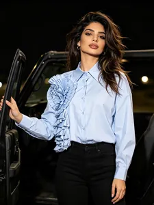 Camicetta da Donna Design Francese con Fiore 3D e Pieghe a Maniche Lunghe in Misto Cotone Camicia Larga Elegante Moda Streetwear