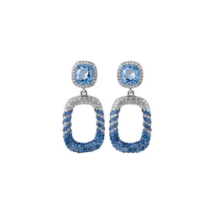 Elegant blue gradient crystal earrings with square stud and dangling oval frame