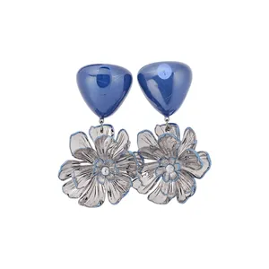 Exquisite blue heart resin and silver flower drop earrings for elegant summer vacation.