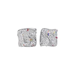 Elegant silver needle stud earrings with rhombic crystal clusters for women