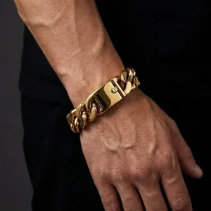 Bold 20mm gold-plated stainless steel Cuban link bracelet for men with heavy metal texture